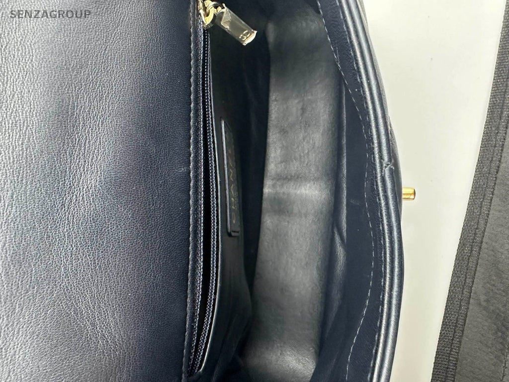 Chanel Classic Flap Mini Lambskin Top Handle Chain Crossbody Navy Gold Women