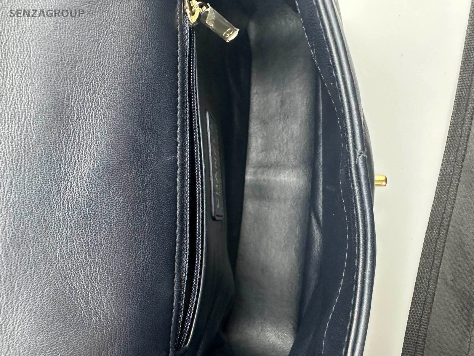 Chanel Classic Flap Mini Lambskin Top Handle Chain Crossbody Navy Gold Women