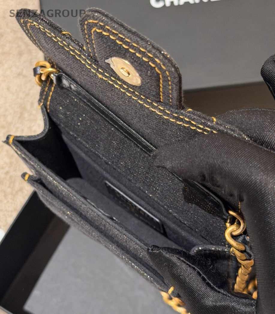 Chanel Diamond Mini Denim Chain Shoulder Bag Crossbody Black Gold Women Classic