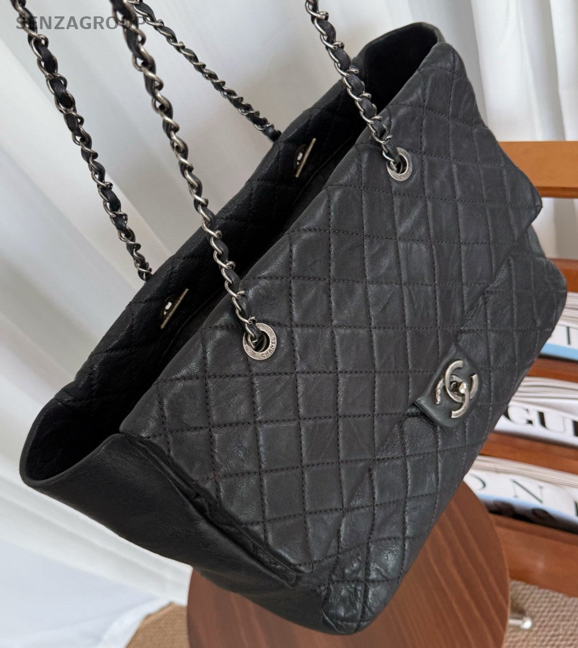 CHANEL Classic Flap Tote Calfskin Chain Shoulder bag Black Silver Women Handbag
