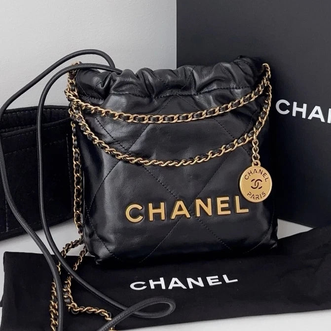 Excellent Chanel 22Bag Mini Gold Chain Black Handbag Shoulder Bag Crossbody