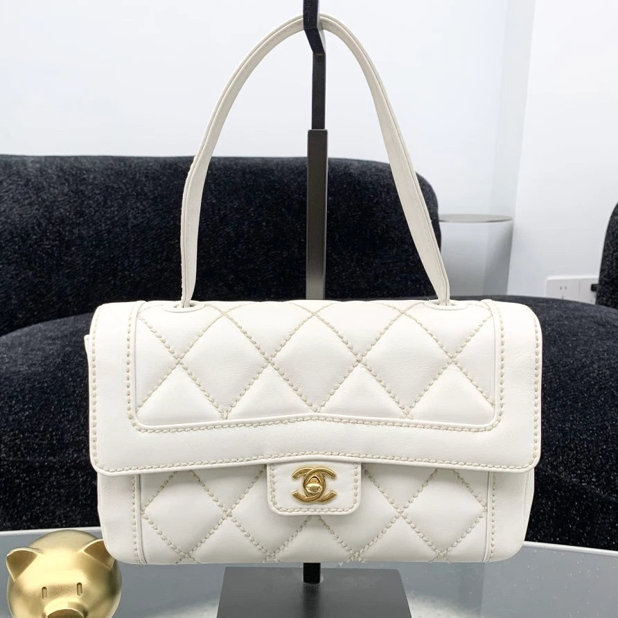 Chanel Calfskin Diamond Top Handle Shoulder Bag White Gold Hardware Women S