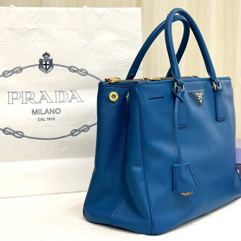 Prada Blue Medium Leather Top Handle Handbag For Women