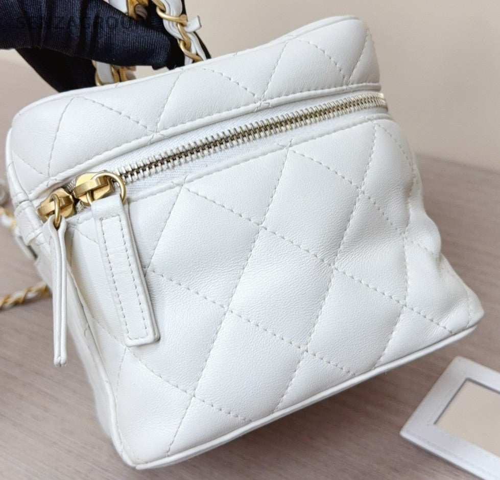 Chanel Diamond Chain Box Shoulder Bag Crossbody White Gold Women Classic