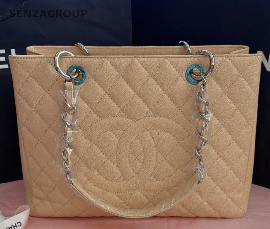 Chanel GST Chain Shoulder Bag Beige Silver Diamond Women Classic