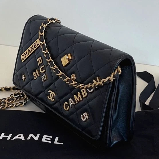 Authentic Chanel WOC Diamond Chain Black Shoulder Bag Crossbody Gold Hardware