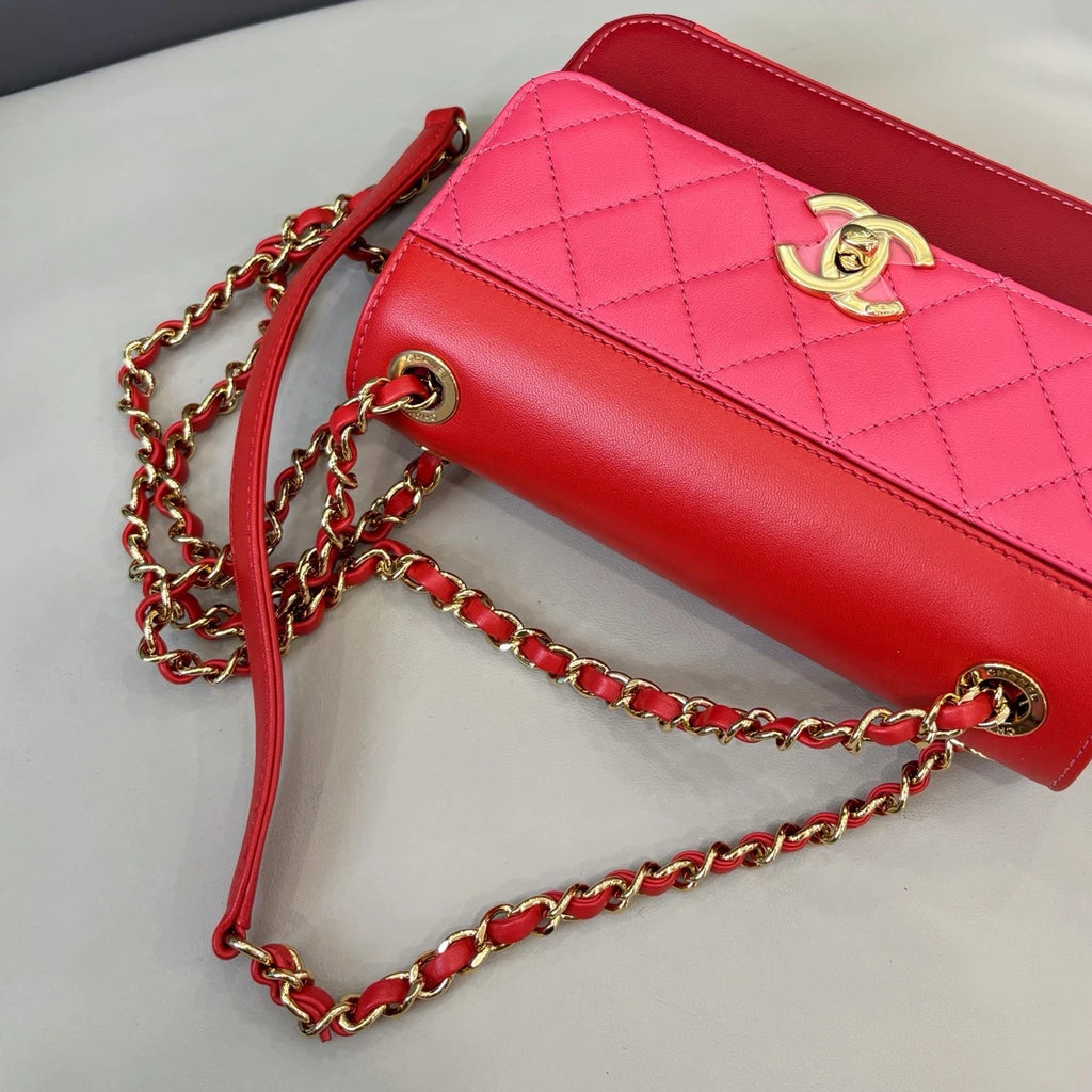 Chanel Diamond Chain Shoulder Crossbody Red Pink Gold Women Classic