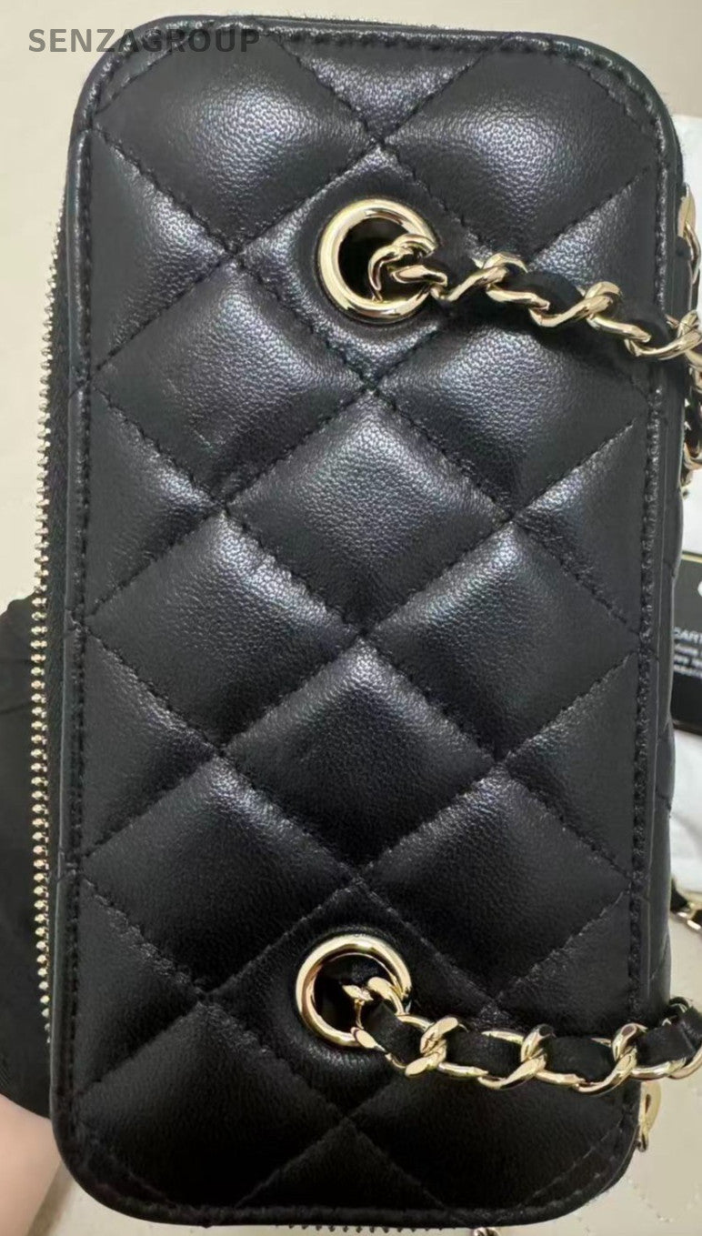 Chanel Lambskin Chain Shoulder Bag Crossbody Black Gold Used Women Classic