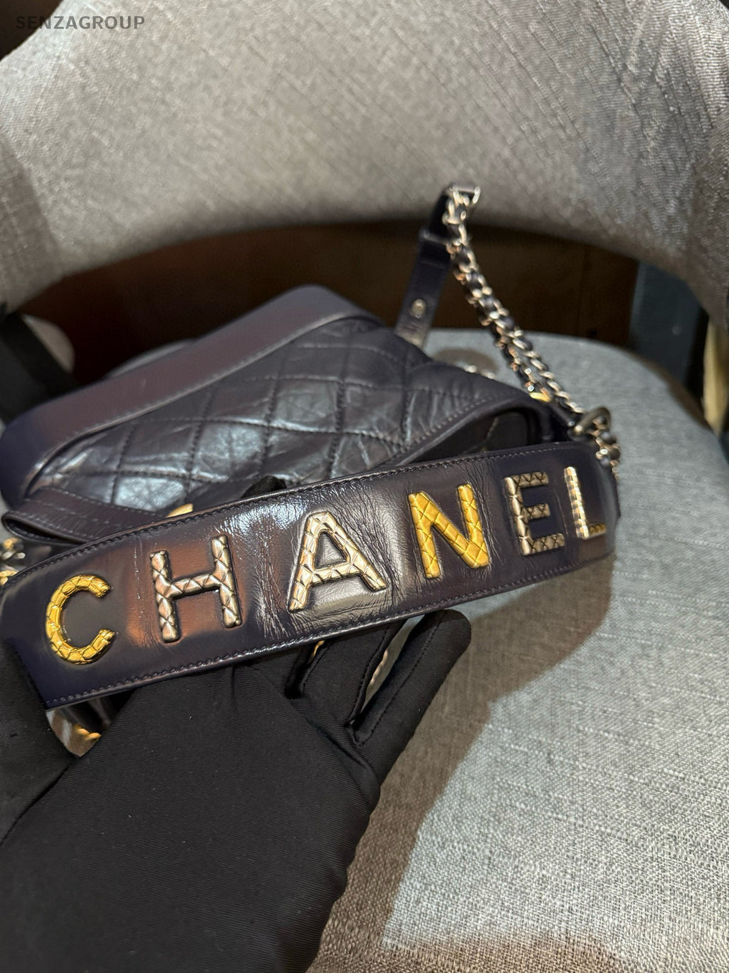 Chanel Gabrielle Blue Gold Chain Shoulder Crossbody Bag Women