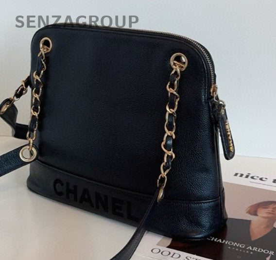 Chanel Calfskin Chain Shoulder Bag Black Gold Women Classic Vintage