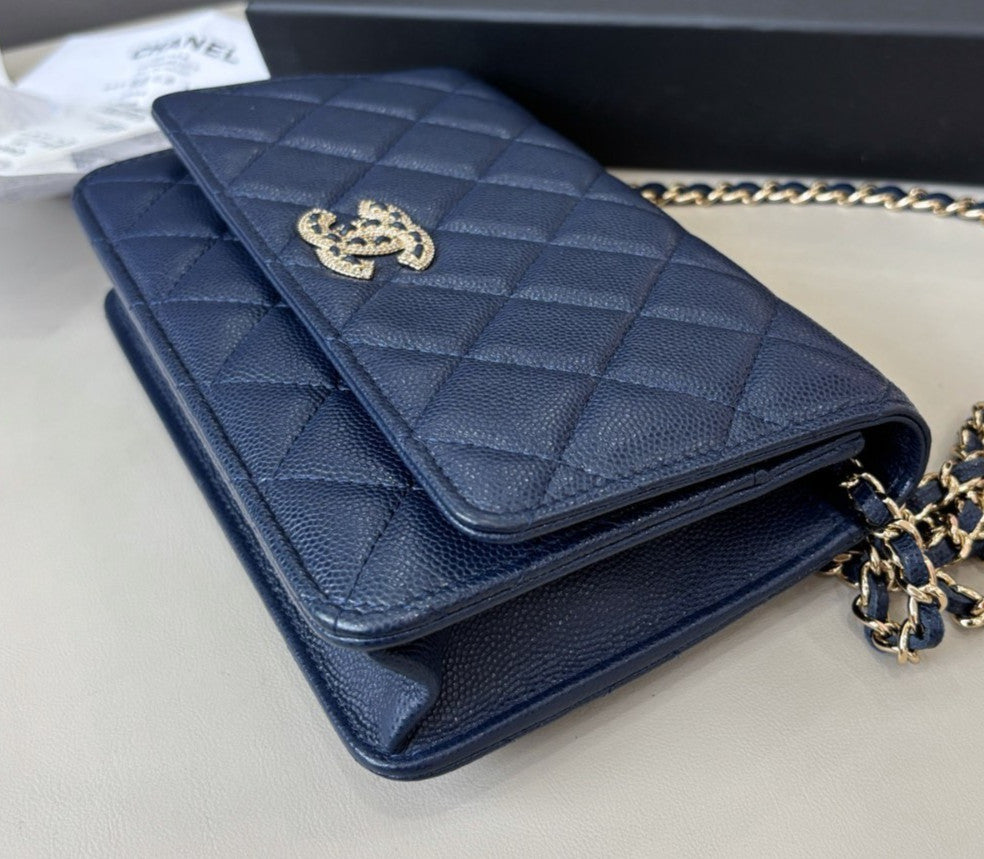 Chanel WOC Calfskin Chain Shoulder Bag Crossbody Blue Silver Women Classic