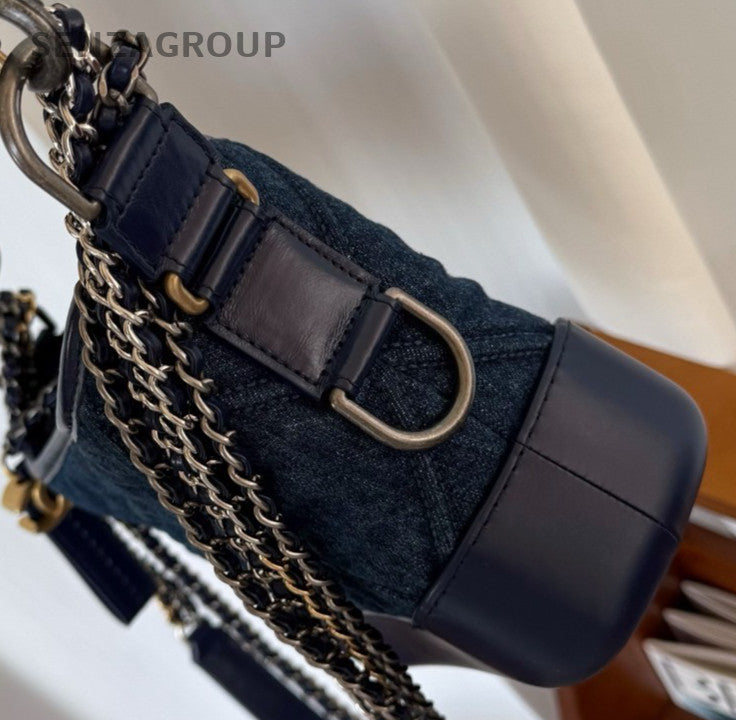 Chanel Gabrielle PM Chain Shoulder Bag Blue Gold Women Classic Fashion Diamond
