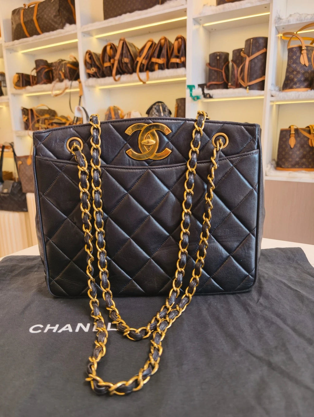 Chanel Lambskin PM Black Tote Chain Shoulder Bag Diamond Gold Hardware