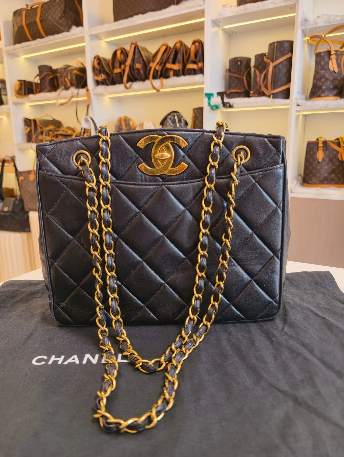 Chanel Lambskin PM Black Tote Chain Shoulder Bag Diamond Gold Hardware