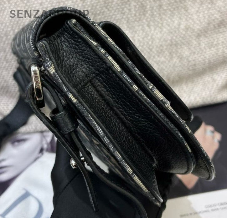 Christian Dior Oblique Saddle Shoulder Bag Crossbody Black Silver Unisex Adults