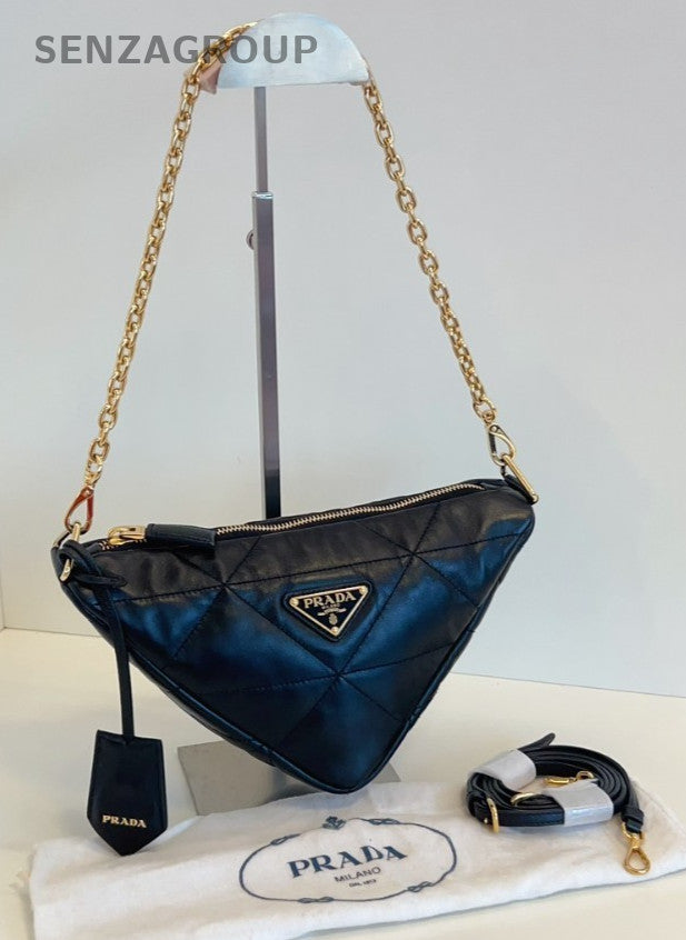 PRADA Puff Diamond pattern All Leather Chain 2way Shoulder Handbag Women black
