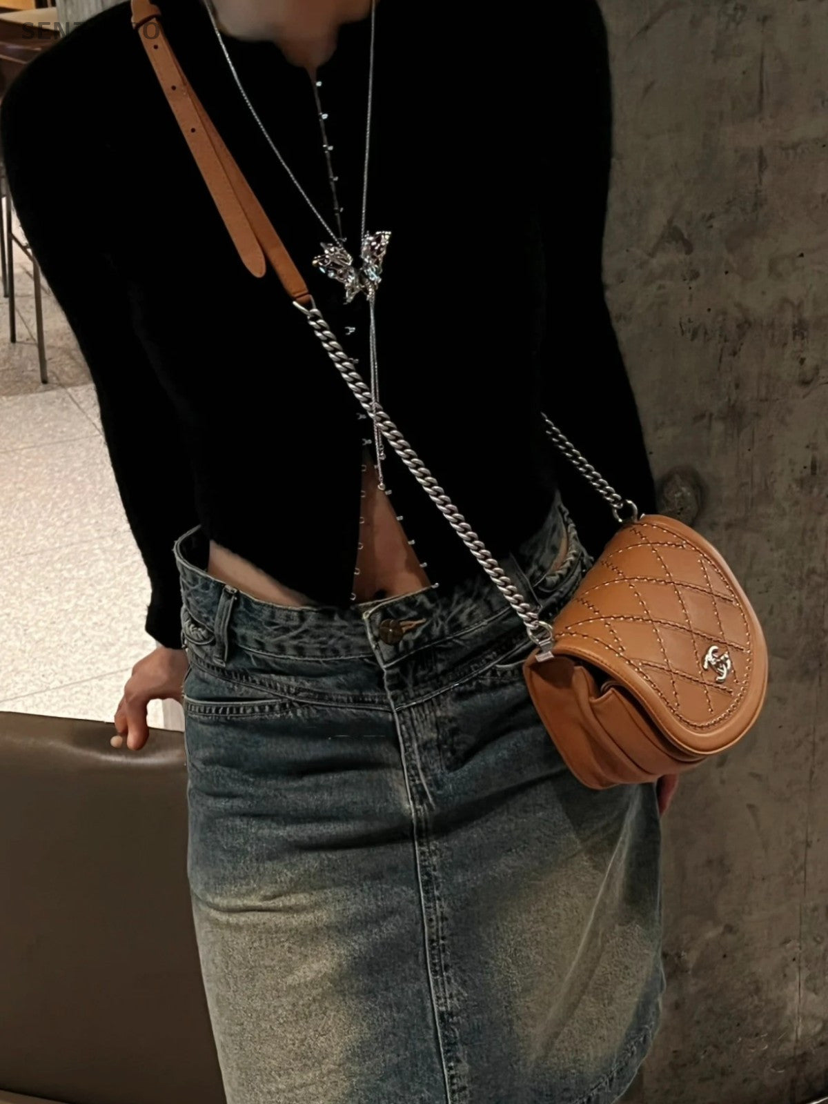 CHANEL Saddle PM Calfskin Rivet caramel color Chain Shoulder bag Crossbody Women