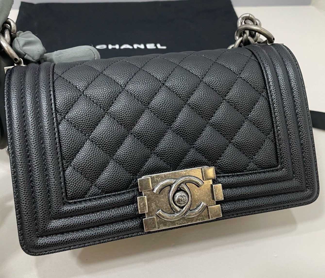 Chanel Leboy PM Calfskin Chain Shoulder Bag Black Silver Women Diamond Classic