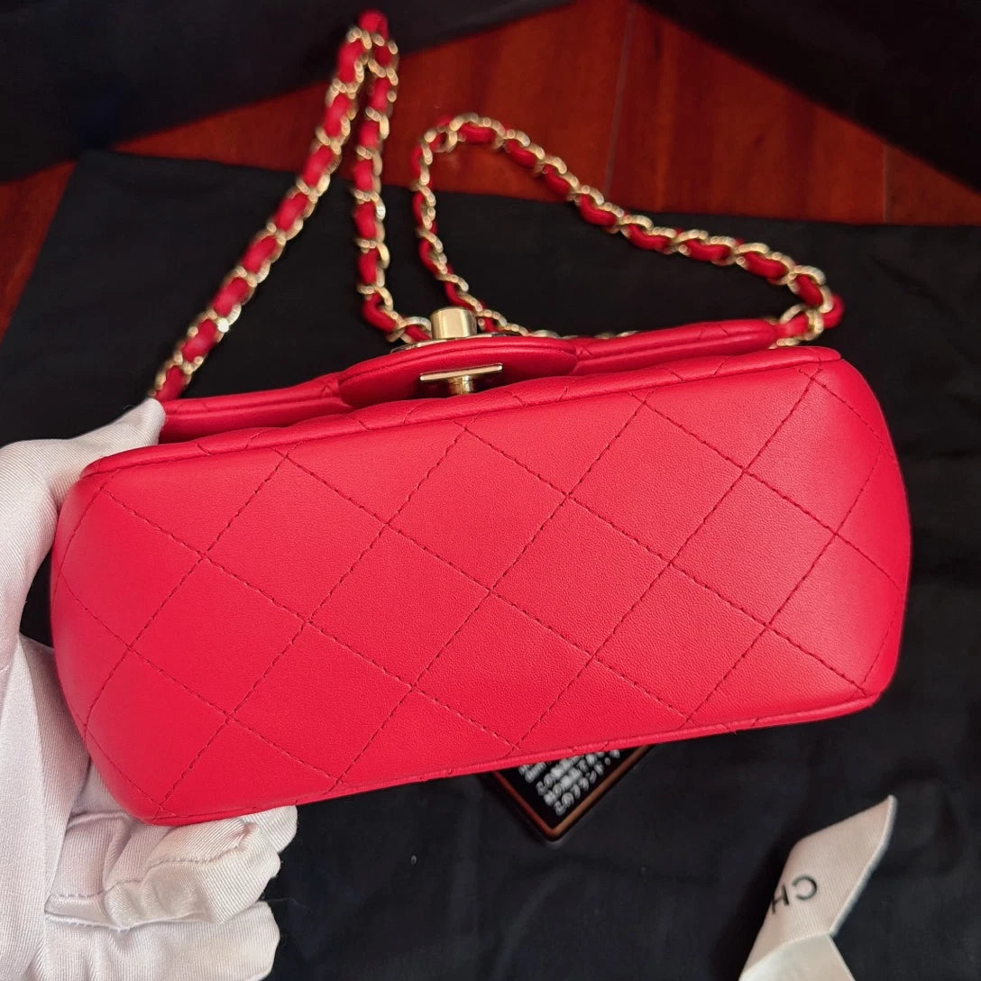 Chanel Classic Flap Lambskin Chain Crossbody Red Gold Women Diamond