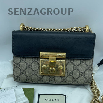 GUCCI Padlock Canvas Brown Gold Chain Shoulder Crossbody Bag Women