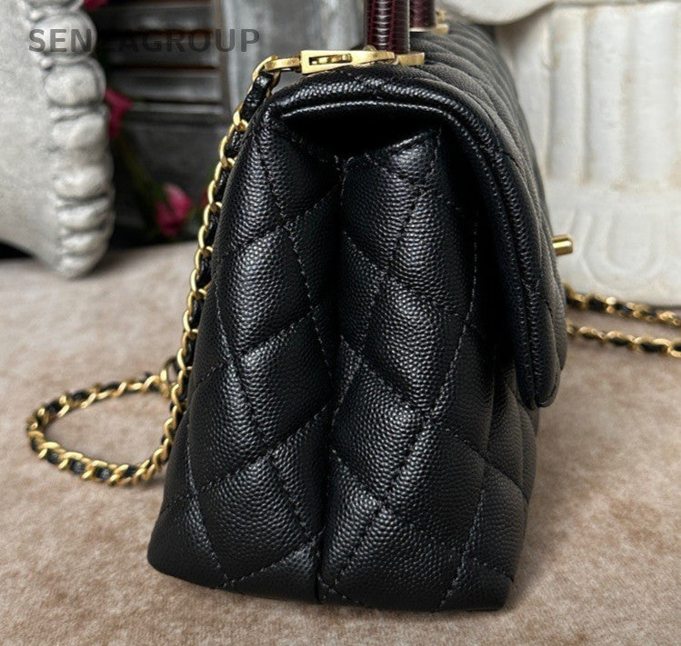 Chanel Coco Handle PM Top Handle Bag Chain Crossbody Black Gold Women Classic