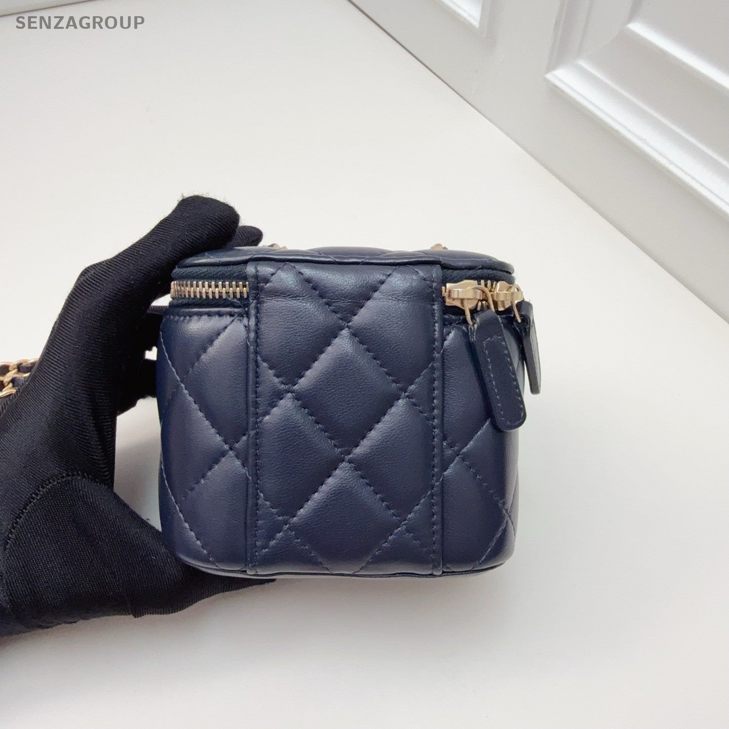 CHANEL Vanity Box mini Diamond Pattern Chain Shoulder bag Navy Blue Gold Women