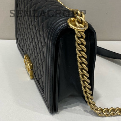 Chanel Le Boy Large Black Gold Quilted Leather Chain Shoulder Bag