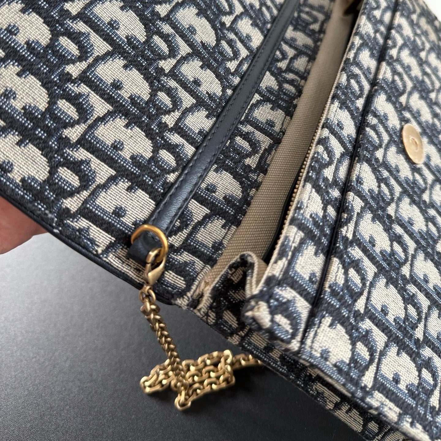 Dior Saddle Canvas Gold Blue Shoulder Bag Chain Bag Excellent