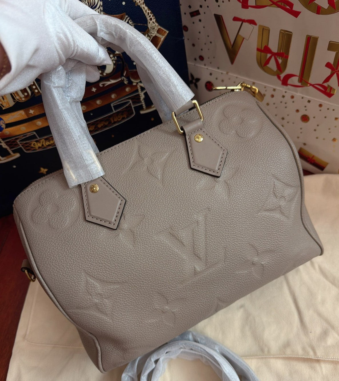 Louis Vuitton Speedy25 Monogram Top Handle Crossbody Gray Gold Women Classic