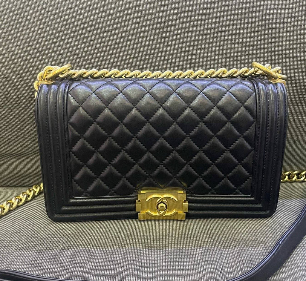 Chanel Leboy MM Lambskin Chain Shoulder Bag Crossbody Black Gold Women Classic