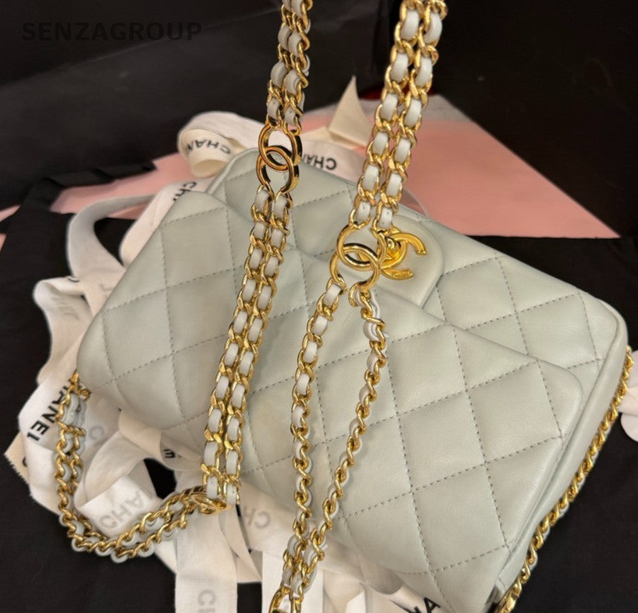 Chanel Classic Flap Mini Lambskin Chain Gray Gold Shoulder Bag Women Fashion