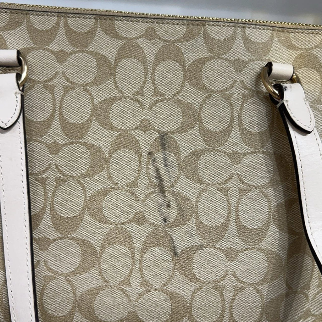 Coach Beige Canvas Monogram Tote Shoulder Handbag For Women