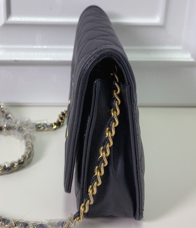 Chanel WOC Chain Calfskin Shoulder Bag Black Gold Women CC Logo Classic