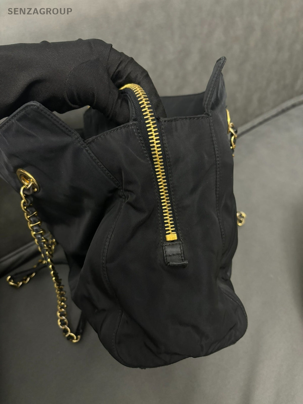 PRADA Classic Nylon Chain Shoulder bag 30 Black Gold Women Handbag