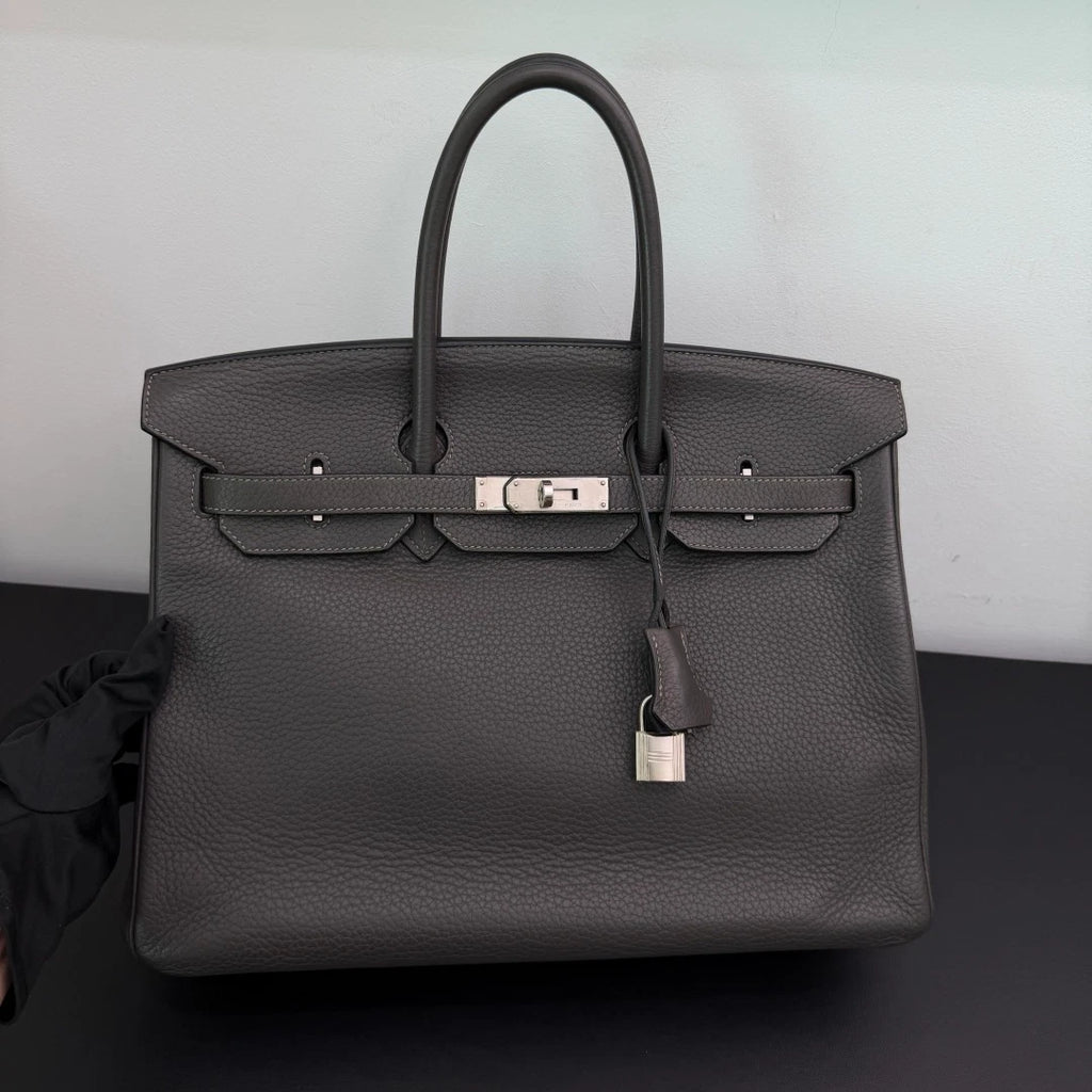 Authentic Hermes Birkin 35 Tote Top Handle Bag Grey Silver Hardware