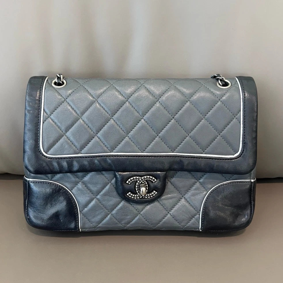 Chanel Classic Flap Diamond Silver Chain Shoulder Bag Crossbody Gray and Black