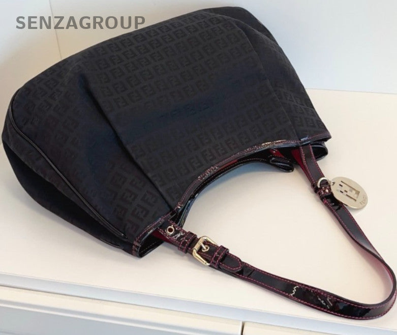 Fendi Classic Monogram Logo Shoulder Handbag Black Canvas