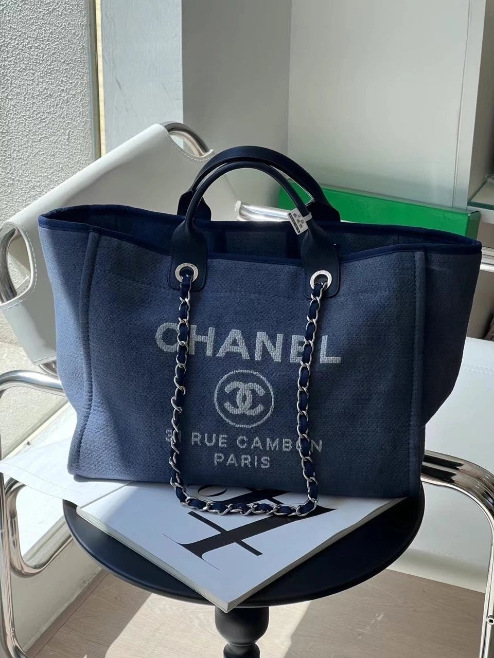CHANEL Large Blue Beach Tote Bag For Women Travel Commute
