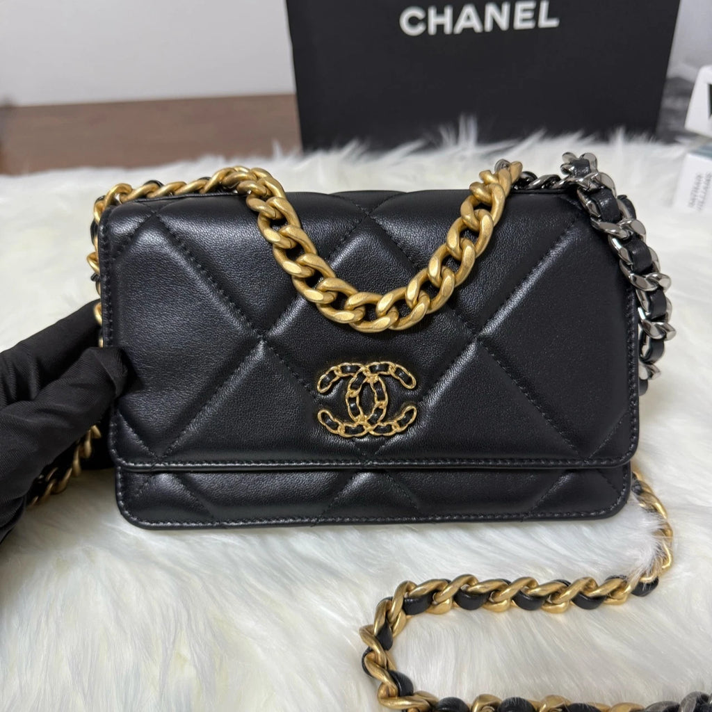 Authentic CHANEL 19 WOC Black Gold Crossbody Bag For Women