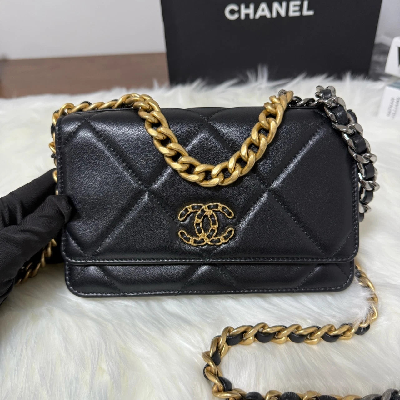 Authentic CHANEL 19 WOC Black Gold Crossbody Bag For Women
