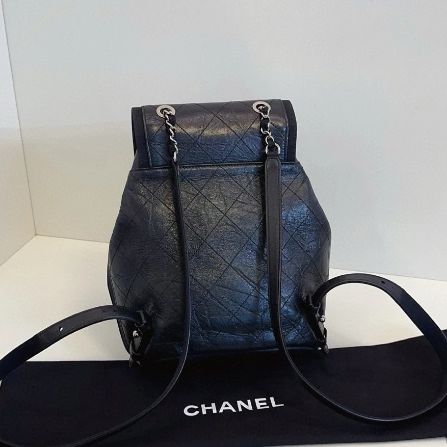 Chanel Diamond Backpack Black Silver Used Women Classic Fashion
