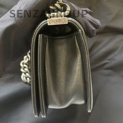 Chanel Le Boy Small V-Stitch Lizard Skin Black Silver Chain Shoulder Bag
