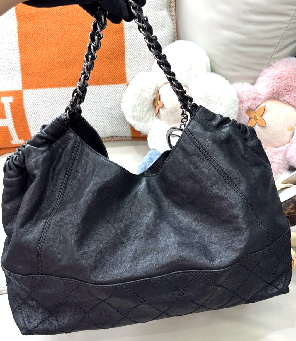 CHANEL Classic Logo Calfskin tote Shoulder bag Black Silver Women