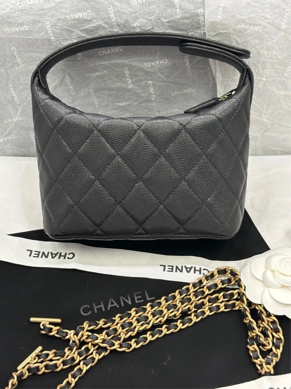 Chanel Vanity Black Gold Crossbody Handbag Excellent