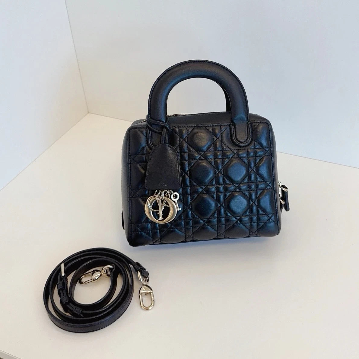 Christian Dior Lily Cannage 2-Way Black Top Handle Bag Crossbody Gold Hardware