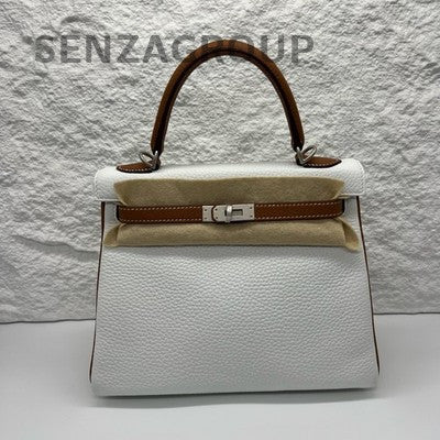 Hermes Kelly 25 White Gold Brown 6M Chaine d'Ancre Brushed Silver HW New
