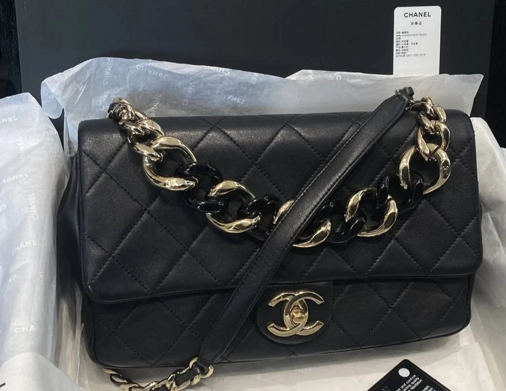 Chanel Classic Flap Chain Lambskin Top Handle Crossbody Bag Black Gold Women D