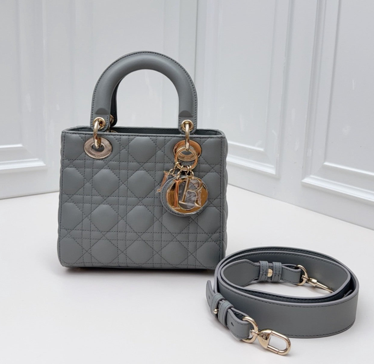 Christian Dior Lady Dior Cannage Top Handle Bag Crossbody Gray Gold Women