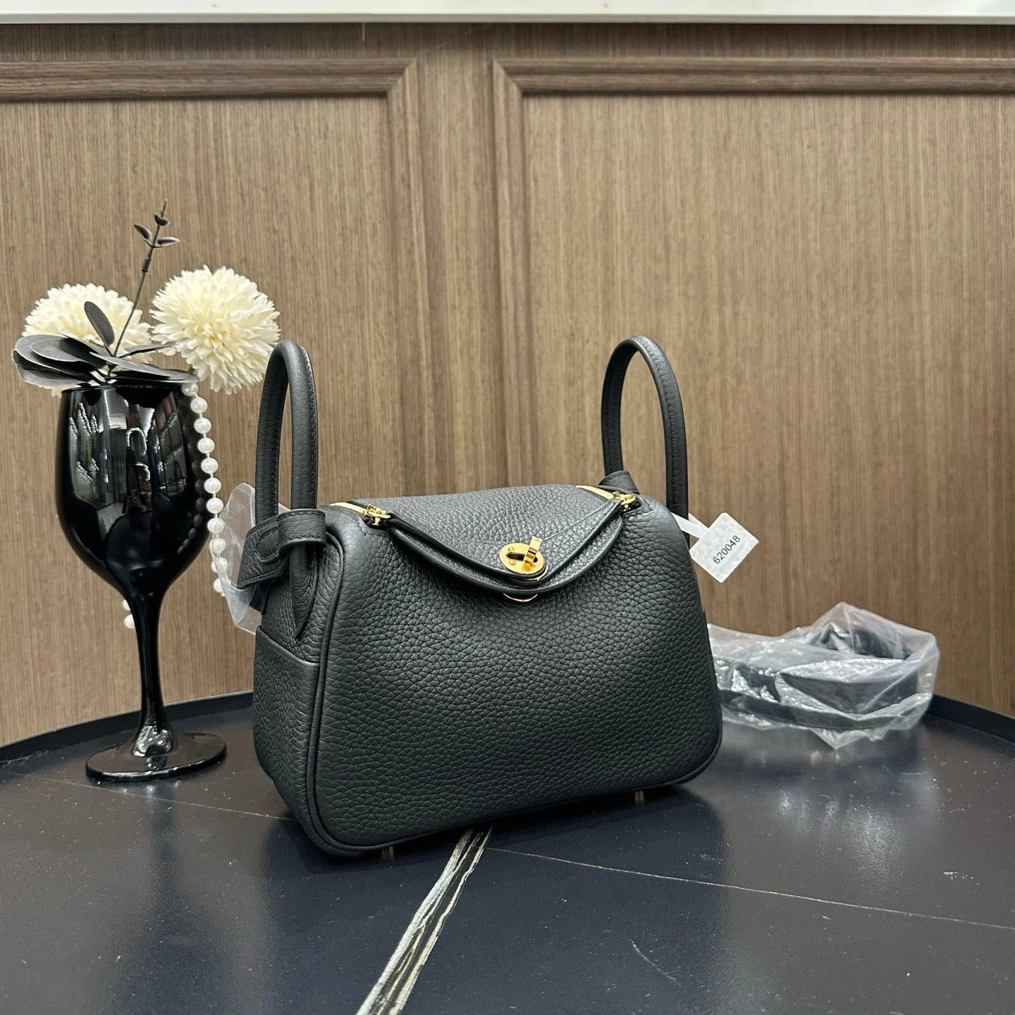 Hermes Mini Lindy Black Gold Togo Leather Top Handle Bag For Women