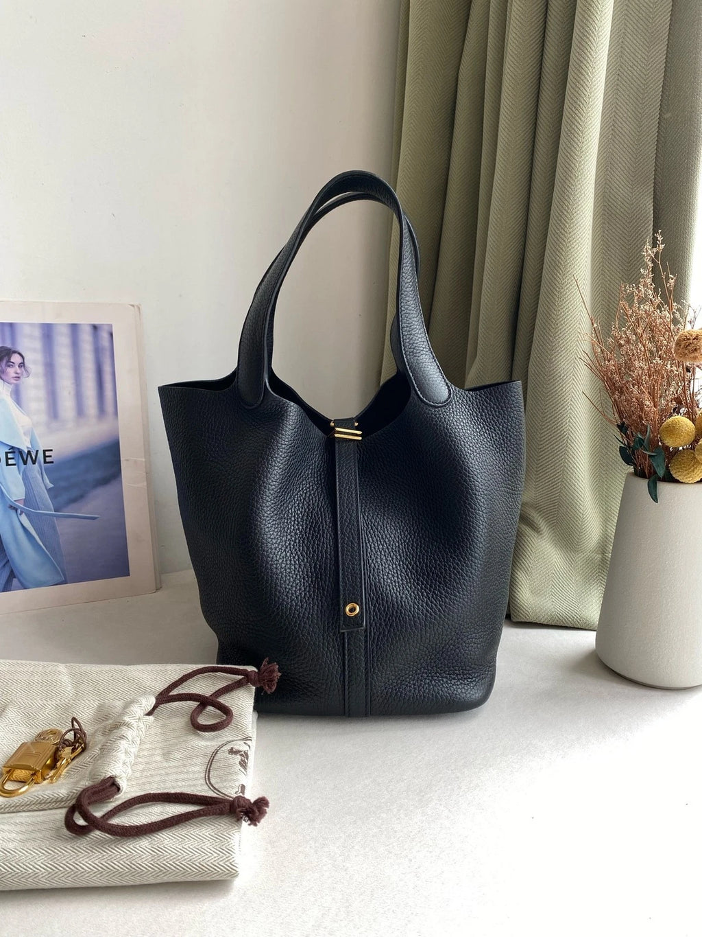 Hermes Picotin22 Black Gold Leather Bucket Bag For Women
